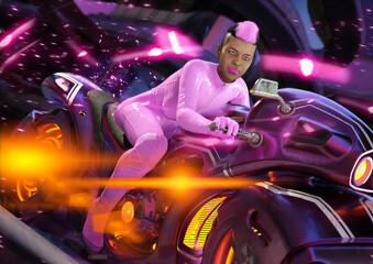 Wall Mural - A 3d digital rendering of an African American woman wearing a pink latex bodysuit riding on a futuristic motorcycle with ornage and pink light flares.