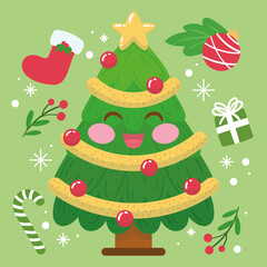 Wall Mural - Happy christmas tree cartoon kawaii Christmas decoration Vector