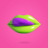 Pop art style. Colorful lips. Girl sexy lips. 3d render. Lick green lips