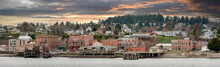Port Townsend, Washington Waterfront Skyline. Panoramic View Of The Historic Waterfront And Downtown Area Of This Port City. Noted For Its Victorian Houses And Significant Historical Buildings.