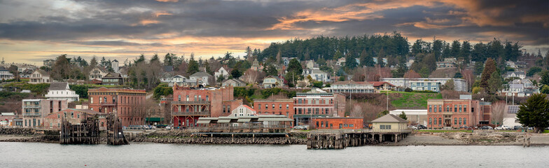 Port Townsend, Washington Waterfront Skyline. Panoramic view of the historic waterfront and downtown area of this port city. Noted for its Victorian houses and significant historical buildings.