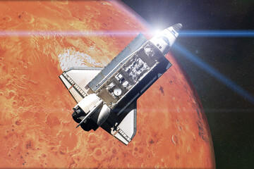 Wall Mural - flying space shuttle close to the mars planet of solar systemwith lens flare. 3d render illustration