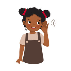 Poster - cute little African child girl with hearing problem try listening attentively by putting her hand to ear