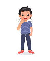 Wall Mural - cute little child boy shouting and screaming loud with hands near his mouth