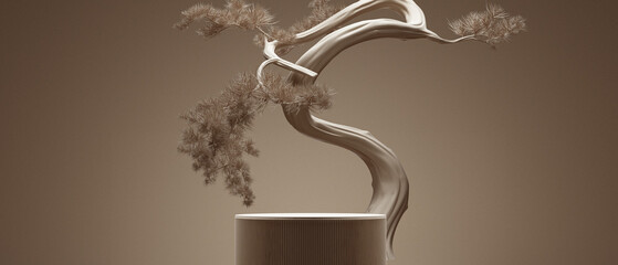 Wall Mural - japanese style minimal abstract cosmetic background.podium and bonsai tree with brown background for