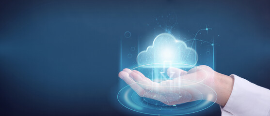 Poster - Double exposure Connecting a cloud computing service to a consumer network connection icon Online storage for cloud-connected devices. Cloud-based internet networking is a concept.