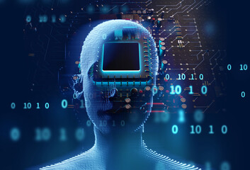 Wall Mural - 3d illustration of cyber robot human on technology background.