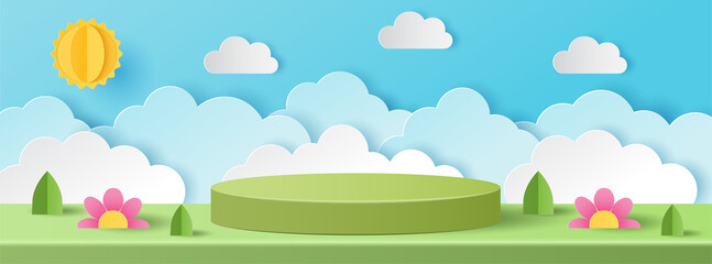 Canvas Print - 3D paper cut of Summer season on green nature landscape, sun and clouds on blue sky background with green circular stage podium for products display presentation. Vector illustration