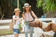© sutlafk - Asian mother and daughter feeding pony horse at animal farm. Outdoor fun for kids. Child feeds animal at pet zoo. Dwarf horses on the farm. Happy family petting a pony through wooden fence.