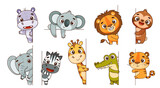 Fototapeta Pokój dzieciecy - Set kids tropical animals peeking from the side. Hippo, lion, elephant, giraffe, crocodile, zebra, sloth, tiger, koala. Vector illustration for designs, prints, patterns. Isolated on white background