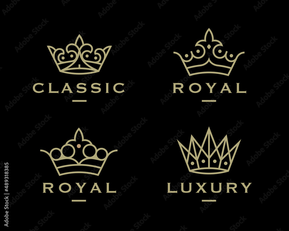 Royal gold crown logo set. Luxury king brand icons. Elegant golden ...