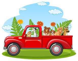 Poster - Many dogs riding on red truck in the park