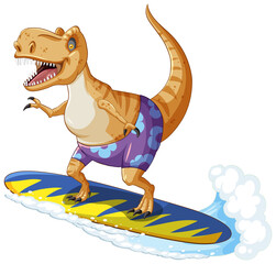 Wall Mural - Tyrannosaurus rex dinosaur on surfboard in cartoon style