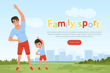 Poster - Landing Page with Happy Dad and His Son Doing Sport Activity Vector Template