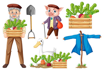 Wall Mural - Set of farm objects and farmer cartoon character