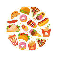 Wall Mural - Fast Food with Hot Dog and Pizza Arranged in Circle Vector Template