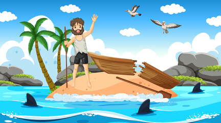 Wall Mural - A man on deserted island isolated