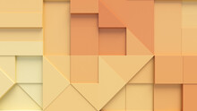 3D Blocks Of Different Shapes And Sizes Interlock To Create A Wall. Orange And Yellow Futuristic Background .