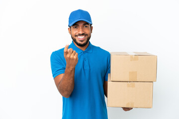 Wall Mural - Delivery Ecuadorian man isolated on white background doing coming gesture