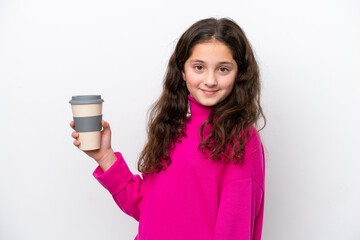 Little caucasian girl holding a take away coffee isolated on white background smiling a lot