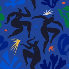 Seamless Pattern With Dancing Abstract Women Inspired By Matisse. Women's Dance Among Abstract Plants And Stars. Colored Background Vector Illustration.