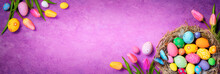 Easter Eggs - Tulips And Decorations On Velvet Violet Background