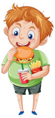 Wall Mural - A boy eating fast food on a white background