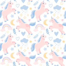 Childish Seamless Pattern With Hand Drawn Blue Unicorns, Rainbow And Hearts, Horses And Stars. Trendy Cartoon Kids Vector Background. Can Be Used For Wallpaper, Scrapbooking, Textile, Baby Clothes. 