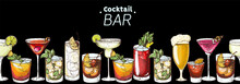 Alcoholic Cocktails Hand Drawn Vector Illustration. Cocktails Set. Bar Menu Design Elements. Hand Drawn Collection. Horizontal Seamless Illustration.