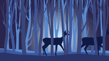 Wall Mural - Beautiful night landscape with roe deer walking in the forest (animation, seamless loop)