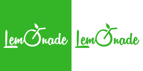 Poster - Logo Juice bar. Banner con caligrafía Lemonade con letra O con forma de bebida de limón en fondo verde y fondo blanco