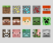 Large Set Of Colored Pixel Masks Isolated On White Background. 8 Bit Skins Of Characters And Game Items In A Game Style. Vector Illustration EPS 10.