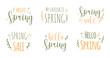 © Mirandelin - Vector inscriptions. Hello spring, spring sale, beloved spring. Vector isolated elements. Summer and spring flat flowers and leaves, twigs. Yellow and green minimalistic stylish lettering.