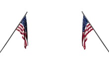 Nice Any Holiday Flag 3d Illustration. - Two USA Flags Hanging On In Corner Poles From Two Sides Isolated On White