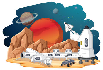 Wall Mural - Isolated landscape of planet surface with colony buildings