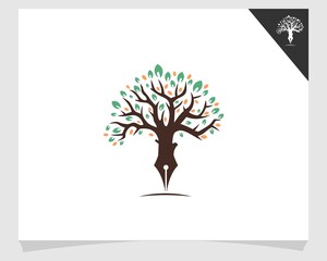 Wall Mural - Tree pen vector logo design template. Writer and nature logo concept.