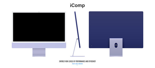 Poster - computer monitor purple color with black screen saver front, back and side view isolated on white background. realistic and detailed mockup of display for system unit. stock vector illustration