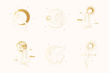 Celestial Women  Vector Boho Illustrations. Golden Set Of Goddesses Silhouettes Against The Backdrop Of The Starry Sky, The Sun, Planets And The Moon. Line Art Elements For Greeting Card And Posters.