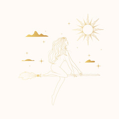 Wall Mural - Celestial graceful woman flies on a broom against the background of the starry sky, the sun and clouds. Golden sky hand drawn vector illustration for greeting card or poster.