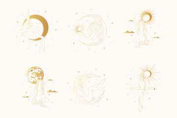 Celestial women  vector boho illustrations. Golden set of goddesses silhouettes against the backdrop of the starry sky, the sun, planets and the moon. Line art elements for greeting card and posters.