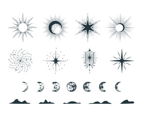 esoteric symbols celestial isolated set. hand drawn vector illustration of mystical sun, moon, stars