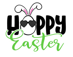 Wall Mural - Hoppy Easter - hand drawn modern calligraphy design vector illustration. Perfect for advertising, poster, announcement or greeting card. Beautiful Letters. Bunny ears and easter egg