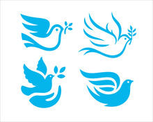 Flying Dove Icon Set. Peace Symbol Collection. Peaceful Animal Silhouette Logo Signs. Vector Illustration.