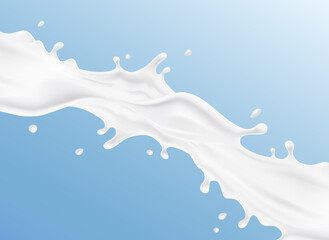 Wall Mural - milk splash pattern isolated on blue background. 3d realistic yogurt wave flow drink. vector milky p
