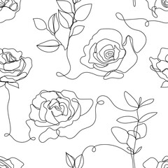 Canvas Print - Vector flower linear seamless background, roses and leaves one, continuous line pattern, hand drawn style. Monoline doodle.
