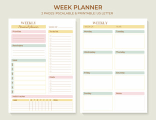 Fototapete - Minimal printable weekly planner page templates. Weekly to-do list, tasks, goals and reminders for a week. Menu plan and habit tracker. Vector graphic set for everyday routine.
