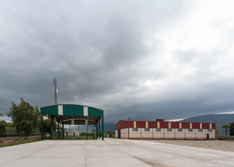 Sticker - Oliva de Plasencia, Spain - April 08, 2021: Sports courts and municipal pavilion of the town