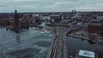 Sticker - Aerial footage of the traffic that drive on elevated roads around the business district by the Stockholm Central train station in the evening.