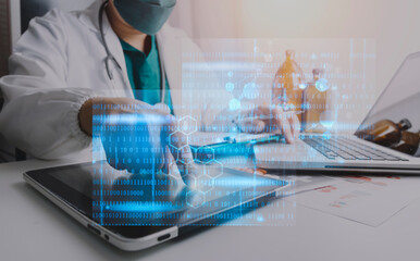 Medicine doctor touching on digital healthcare and network connection with modern virtual screen interface icons on the hospital background, Medical technology and network concept.