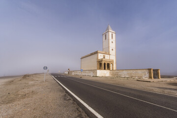 Sticker - Church of Las Salinas, abandoned church in the Cabo de Gata natural park, Almeria, Andalucia, Spain.